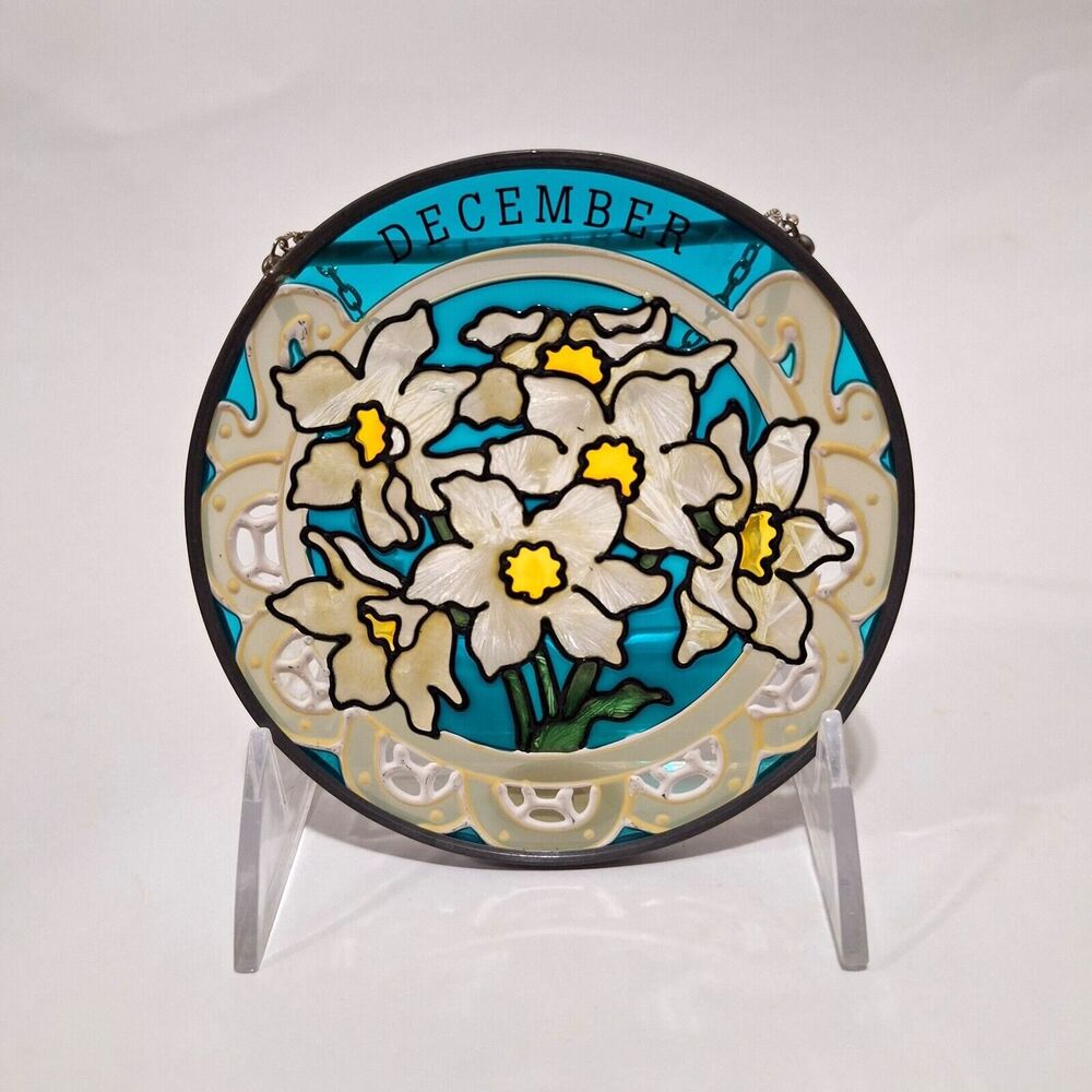 Vtg Joan Baker Hand Painted Stained Glass Sun Catcher December B-day Narcissus